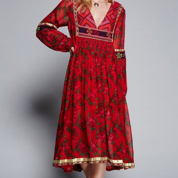 Free People Dresses & Skirts - Free People Bold Blooms Embroidered Red Midi Dress (**without slip**)